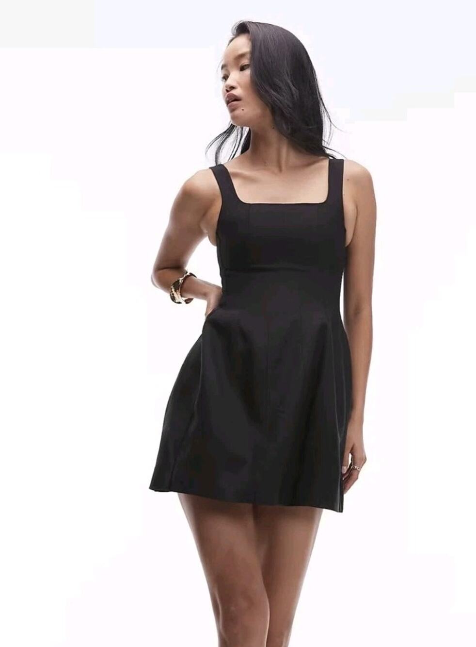 NWT & Other Stories Black‎ Stretch Flared Square Neck Mini Dress Size 8 #669